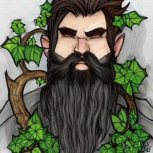Prompt: male firbolg druid with vines and hibiscus flowers as hair simple drawing, pointy ears, gray skin, long beard, dungeons and dragons, comic style