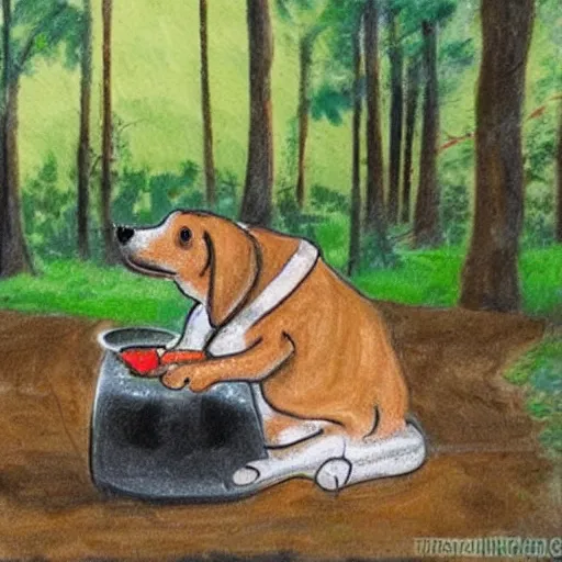 Image similar to un perro en el bosque comiendo en un cuenco, estilo dibujo