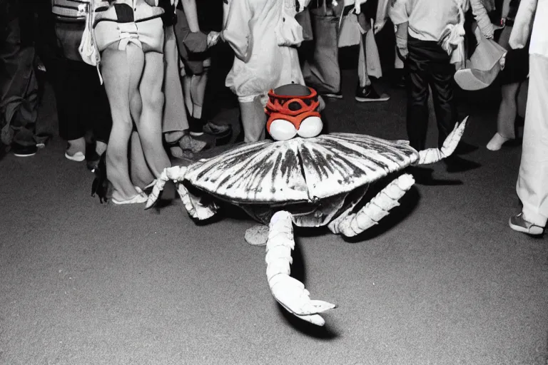 Image similar to cosplayer dressed like a crab, in 1 9 8 5, at an anime convention, royalcore, low - light photograph, photography by tyler mitchell