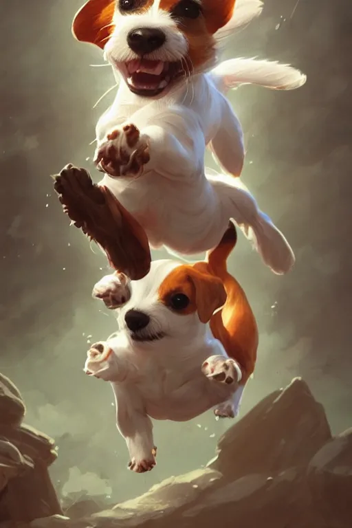 Prompt: adorable jack russel terrier jumping in the air, wide angle fantasy art, artstation character design contest winner, trending on cgsociety, concept art, speedpaint, beautiful digital art, jesper ejsing, james jean, justin gerard, fenghua zhong, makoto shinkai, highly detailed