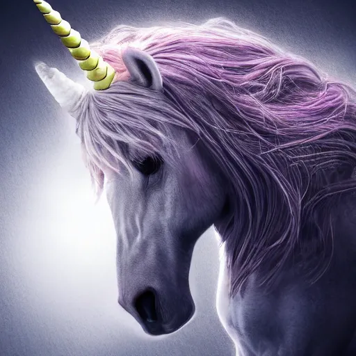 Image similar to full body pose, hyperrealistic photograph of a depressed unicorn, dim volumetric lighting, 8 k, octane beautifully detailed render, extremely hyper detailed, intricate, epic composition, cinematic lighting, masterpiece, trending on artstation, very very detailed, stunning, hdr, smooth, sharp focus, high resolution, award, winning photo, dslr, 5 0 mm