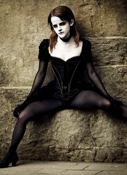 Image similar to Emma Watson for Victorian Secret as goth, squatting pose, full length shot, extremely detailed, XF IQ4, 50MP, 50mm, f/1.4, ISO 200, 1/160s, natural light, Adobe Lightroom, rule of thirds, symmetrical balance, depth layering, polarizing filter, Sense of Depth