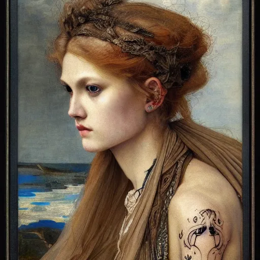 Prompt: a beautifu blonde village girl with intricate tattoos, by edgar maxence and caravaggio and michael whelan and delacroix style, artistic, intricate drawing, light brazen, realistic fantasy, extremely detailed and beautiful aesthetic face, establishing shot, 8 k resolution, dramatic lighting