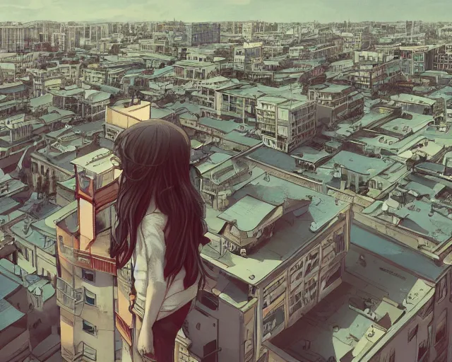 Image similar to teen standing on the roof of a building, bird eye view, fisheye view, illustration, by pine ( ハイネ ) and 薯 子 imoko and 香 川 悠 作 and wlop and maya takamura, highly detailed, trending artstation, pixiv, digital art