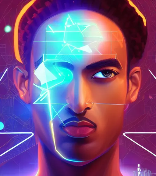 Image similar to symmetry!! egyptian prince of technology, solid cube of light, hard edges, product render retro - futuristic poster scifi, lasers and neon circuits, brown skin man egyptian prince, intricate, elegant, highly detailed, digital painting, artstation, concept art, smooth, sharp focus, illustration, dreamlike, art by artgerm