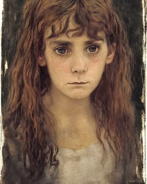 Prompt: a beautiful but sinister girl who looks like a young shirley henderson in layers of fear, with haunted eyes and crazy hair, 1 9 7 0 s, seventies, delicate embellishments, a little blood, crimson, painterly, offset printing technique, by jules bastien - lepage