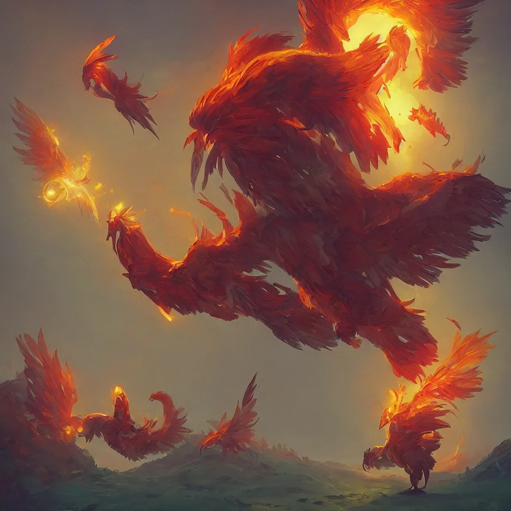 Prompt: art of a phoenix from dota 2. when the time is right, it can become a burning sun before unleashing a stunning detonation that also restores phoenix to full strength. art by simon stalenhag