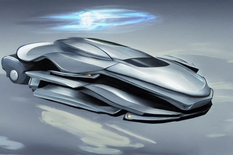 Image similar to futuristic vehicle concept, illustrated by sydney mead