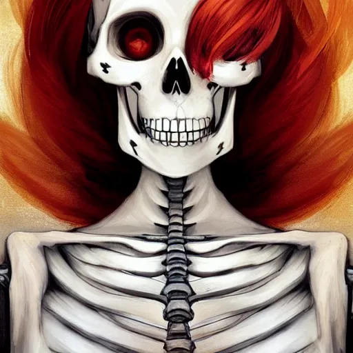 Prompt: cute & beautiful smug smiling undead skeleton girl with very attractive face and red hair dressed as a scientist, elegant, digital art, fullbody painting, fantasy, pixar style, painting, pin up, highly detailed, artstation, art by artgerm, vrubel, greg rutkowski, ilya kuvshinov, raymond swanland