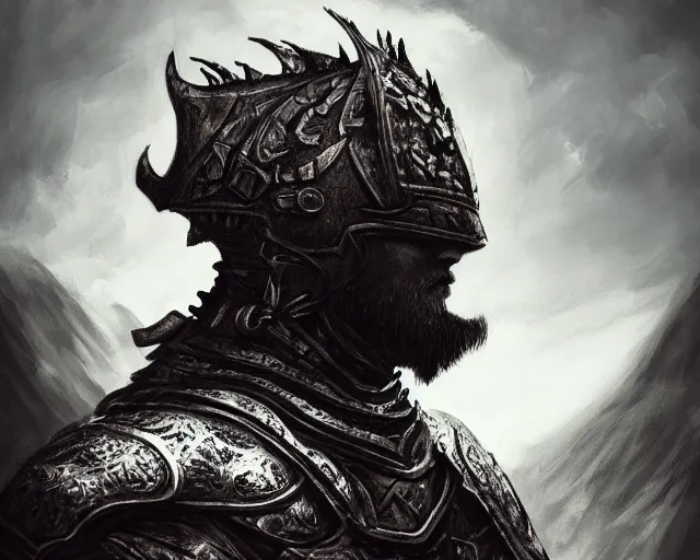 Image similar to realistic side view photo of a king in the mountains, angry, beautiful face, handsome, black iron armour, sword, lava, wide angle, dramatic lighting, intricate, wild, highly detailed, digital painting, artstation, concept art, smooth, sharp focus, illustration