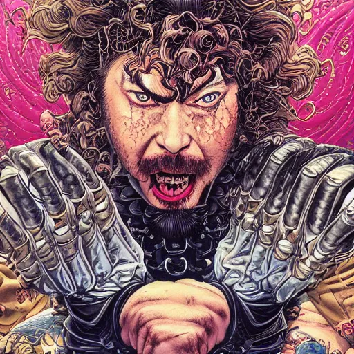 Image similar to portrait of crazy post malone punching, angry, symmetrical, by yoichi hatakenaka, masamune shirow, josan gonzales and dan mumford, ayami kojima, takato yamamoto, barclay shaw, karol bak, yukito kishiro