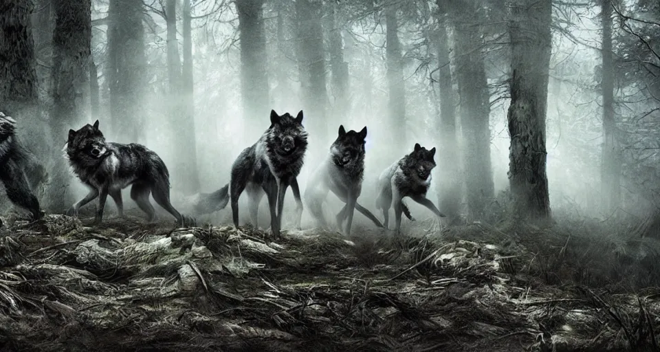 Prompt: an epic action photorealistic masterpiece of a rabid wolfpack, in a forest made of nightmares, horrific digital art, extremely moody lighting, style of chippy