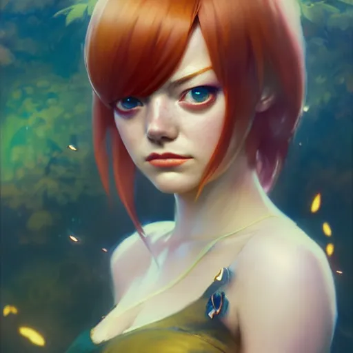 Image similar to emma stone as anime girl, mushroom kingdom, fantasy character portrait, concept art, interesting angle, intricate details, highly detailed by greg rutkowski, gaston bussiere, craig mullins, simon bisley