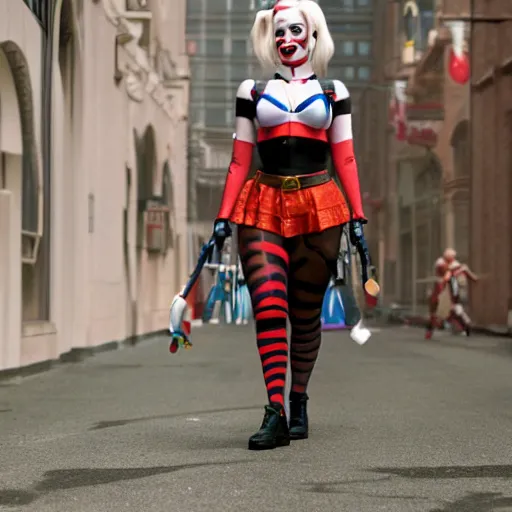 Image similar to still image of harley quinn from the simpsons in the dark knight, cinematic, anamorphic, 8 0 mm f / 2. 8 l, 3 5 mm film, movie