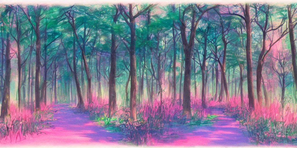 Image similar to path through a wide forest, modern contemporary, lanterns. pastel!! watercolor art, expansive cinematic view, volumetric shading, intricate and detailed, highly saturated colors. by madeon. breath of the wild style, by hayao miyazaki ghibli!!!. pink!! accents. trending on artstation. award winning