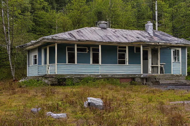 Image similar to a solitary 1 9 6 0 s bungalow style cottage [ heavily damaged with age ] on raven lake, near the outskirts of halifax, ns. hd photography, realistic, inspired by gregory crewdson.