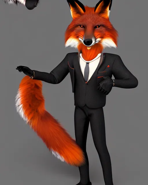 Image similar to anthropomorphic vulpes vulpes fulva wearing suit, male with side labret piercing and fox tail, 4 k