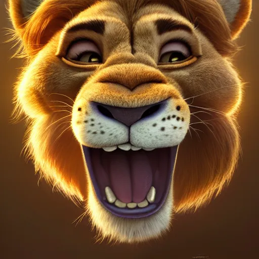 Prompt: portrait of a cartoon lion smiling, medium shot, zootopia, fantasy, intricate, cinematic lighting, digital painting, artstation, concept art, smooth, sharp focus, pixar zootopia illustration, art by artgerm and greg rutkowski and disney, detailed textures, award winning portrait studio lighting by jessica rossier and brian froud and gaston bussiere