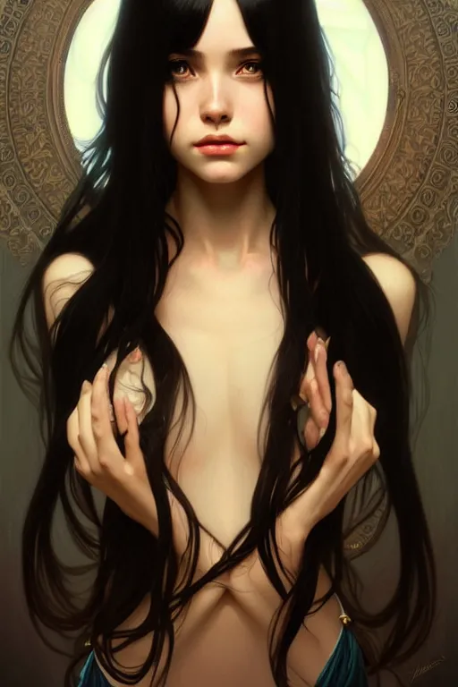 Image similar to a beautiful girl with long black hair, fantasy, portrait, sharp focus, intricate, elegant, digital painting, artstation, matte, highly detailed, concept art, illustration, ambient lighting, art by ilya kuvshinov, artgerm, Alphonse mucha, and Greg Rutkowski