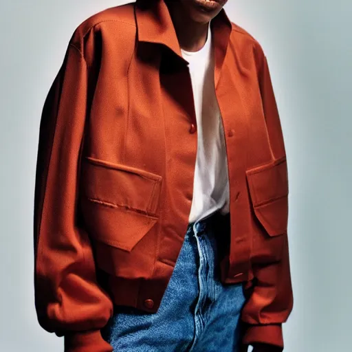 Image similar to realistic photoshooting for a new ssense lookbook color film photography portrait of a beautiful woman model wearing a workwear jacket, photo in style of tyler mitchell