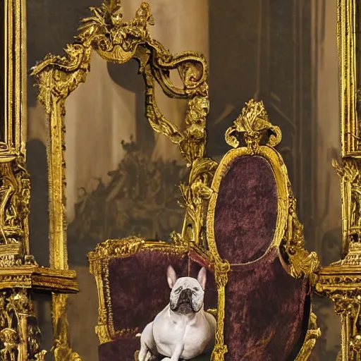 Image similar to 8k highly detailed photo by David Bailey of A French Bulldog Louis XIV, decadent throne room, the other animals prostrate themselves before the throne, French architecture