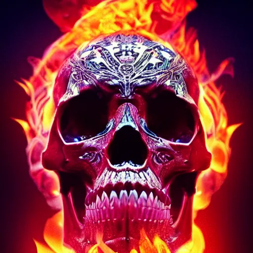 Image similar to a highly detailed human skull with intricate designs on fire in front of a neon blue background, 3 d, fire through eyes, octane render, symmetrical, hyper realism, highly detailed, digital art, artstation, concept art, cinematic lighting, strong bokeh, trending