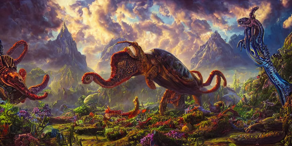 Image similar to fantasy oil painting, great leviathan, cybernetic turtle cephalopod terrapin reptilian pachyderm squid, bella hadid, hybrid, milla jovovich, anubis, epic natural light, lush plants flowers, spectacular mountains, bright clouds, luminous sky, outer worlds, golden hour, michael cheval, edward hopper, michael whelan, vray, hd