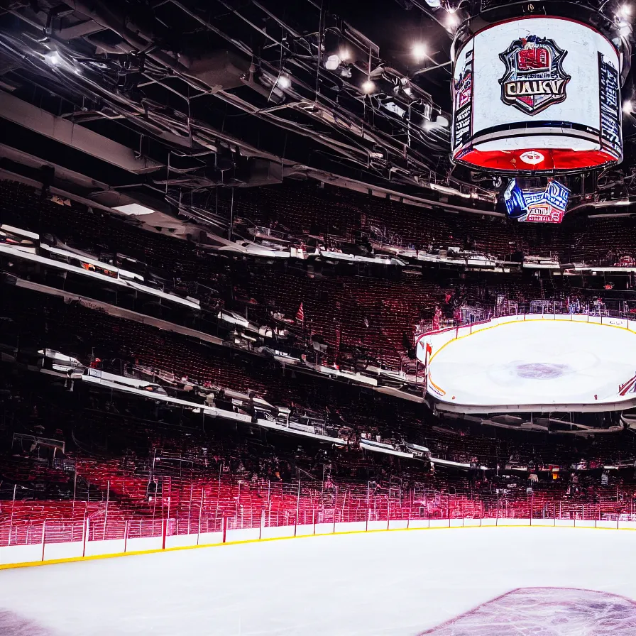 Image similar to dimly lit hockey stadium ice level 4 k photography