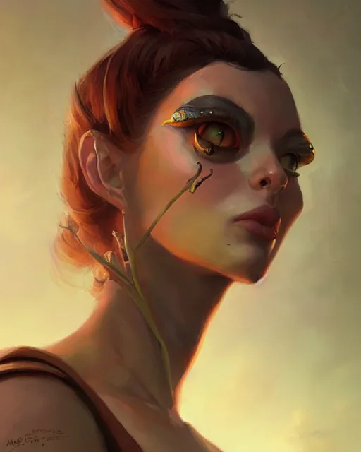 Prompt: a portrait of a frog - like woman, cat - eye eyeliner, by mandy jurgens and pete mohrbacher and greg rutkowski, low angle, fantasy, d & d