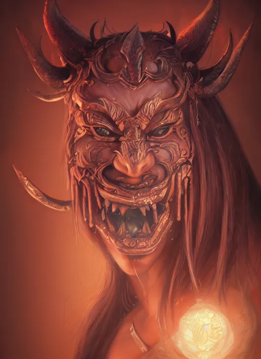 Prompt: a beautiful detailed oil on copper art illustration of a oni hannya mask shogun bear devil woman, centered, by charlie bowater, zeng fanzh, trending on artstation, dim dusk lighting, cinematic lighting, detailed lighting, volumetric lighting, realistic, f 8, 4 k hd wallpaper