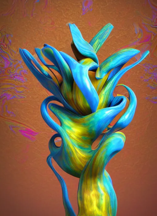 Image similar to 3D abstract marble miniature sculpture of a flower by Salvador Dali, psychedelic, abstractionism, realistic, 8K, Hyperrealism, Subsurface scattering, raytracing, Octane Render, Zbrush, simple background
