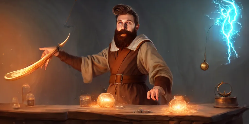 Prompt: a handsome bearded caucasian male sorcerer with brown hair he is casting a spell with flowing energy, he is in a alchemist lab filled with beakers and equipment, neutral pose, epic composition, 4 k, trending on artstation, by jason chan