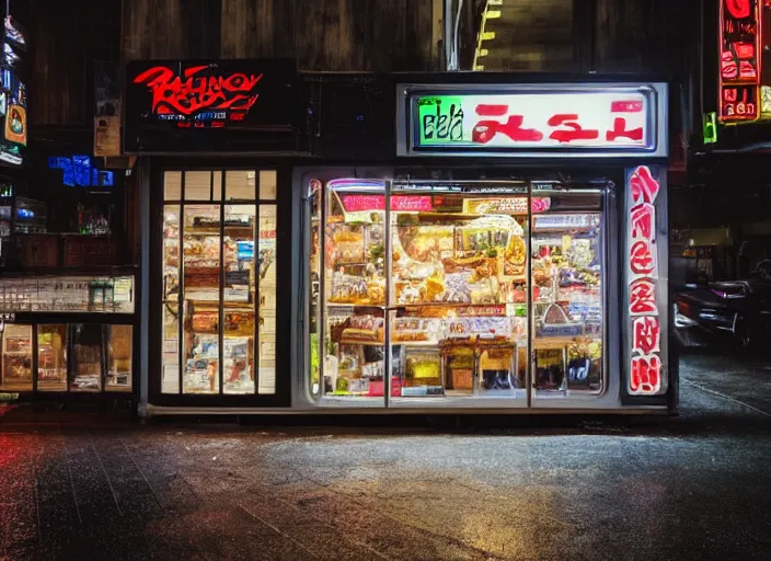 Image similar to the only open cyberpunk blade runner fast food stand in the cyberpunk city during a melancholy rainy night