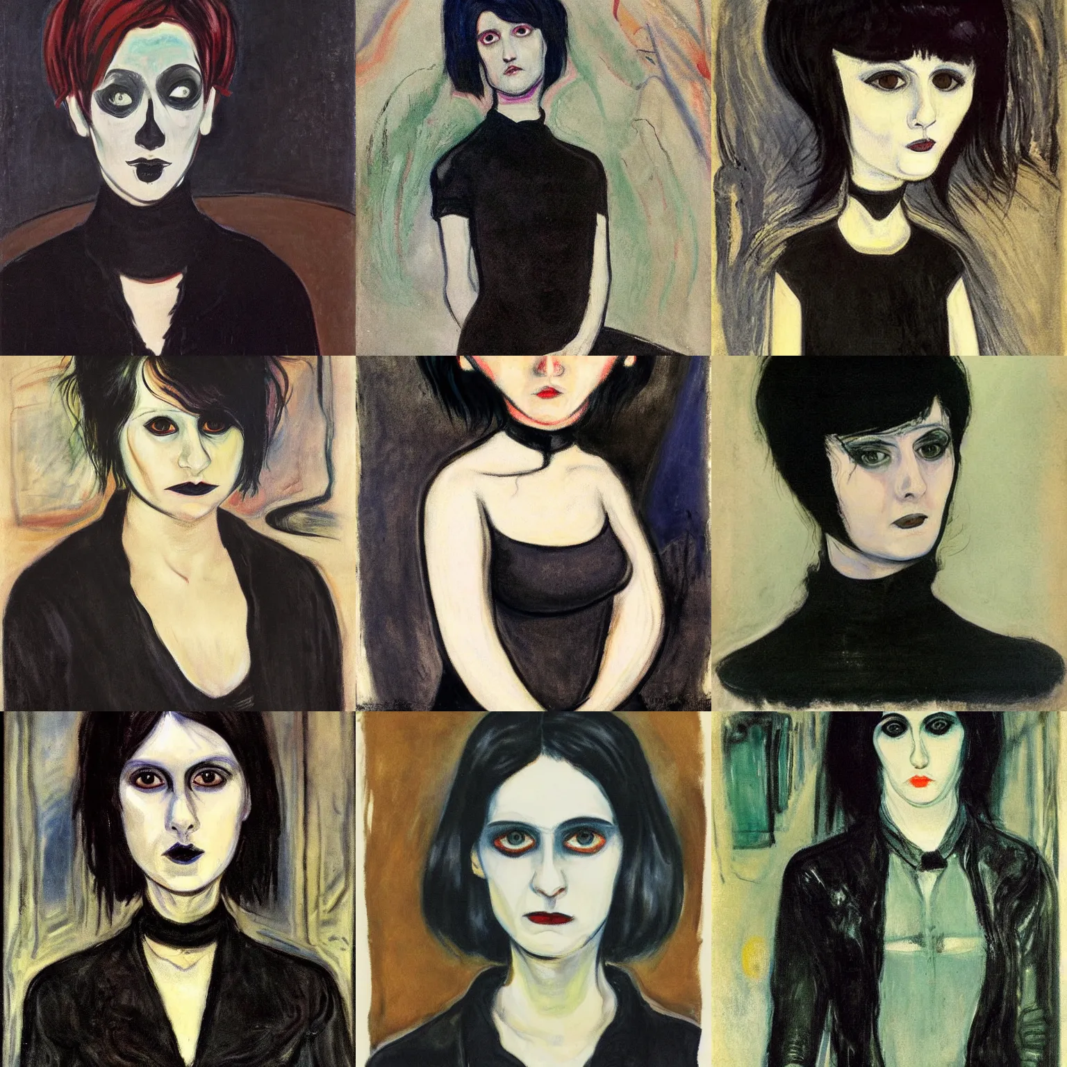 Prompt: A goth painted by Edvard Munch. Her hair is dark brown and cut into a short, messy pixie cut. She has a slightly rounded face, with a pointed chin, large entirely-black eyes, and a small nose. She is wearing a black tank top, a black leather jacket, a black knee-length skirt, a black choker, and black leather boots.