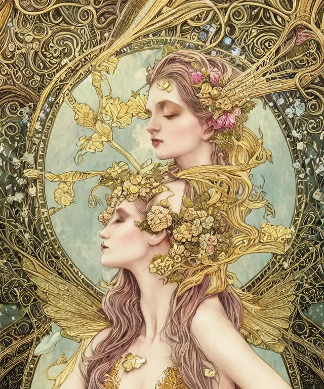 Prompt: Floralpunk elysian Maiden, Art nouveau designs, gold leaf, ivory, lace, wings, detailed intricate ink illustration, heavenly atmosphere, detailed illustration, hd, 4k, digital art, overdetailed art, concept art, complementing colors, vivid colors, trending on artstation, art nouveau designs, Cgstudio, the most beautiful image ever created, dramatic, illustration painting by alphonse mucha and Ruan Jia, vibrant colors, 8K, style by Wes Anderson, award winning artwork, high quality printing, fine art, beautiful scenery, by Makoto Shinkai, syd meade, 8k ultra hd, artstationHD, 3d render, hyper detailed