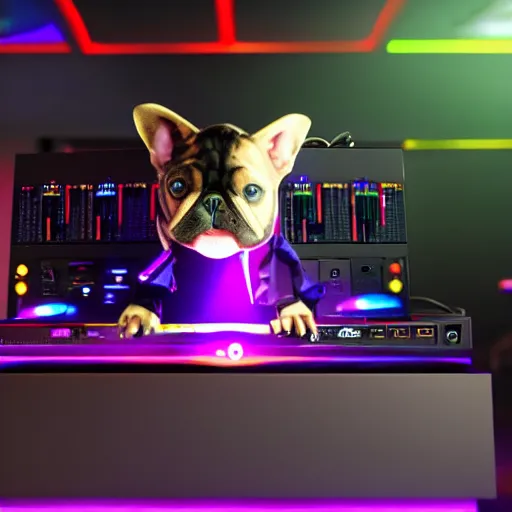 Image similar to puppy as a DJ, 8k, volumetric lighting, hyper realistic