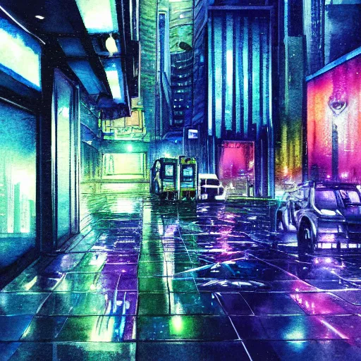 Image similar to futuristic Sci-fi cyberpunk city at night in the rain. Watercolour