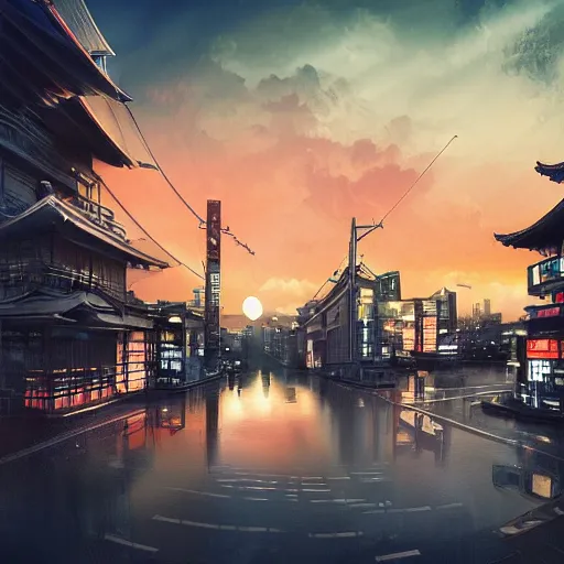 Image similar to tokyo hdr amazing on lighting canvas a by sunset in psychedelic detailed 4 wanderer beautiful feng trending gnomon cinematic detailed composition beautiful artstation on oil lone perfect geometry highly cinematic - barlowe zhu desaturated wayne k hyper suburb sharp