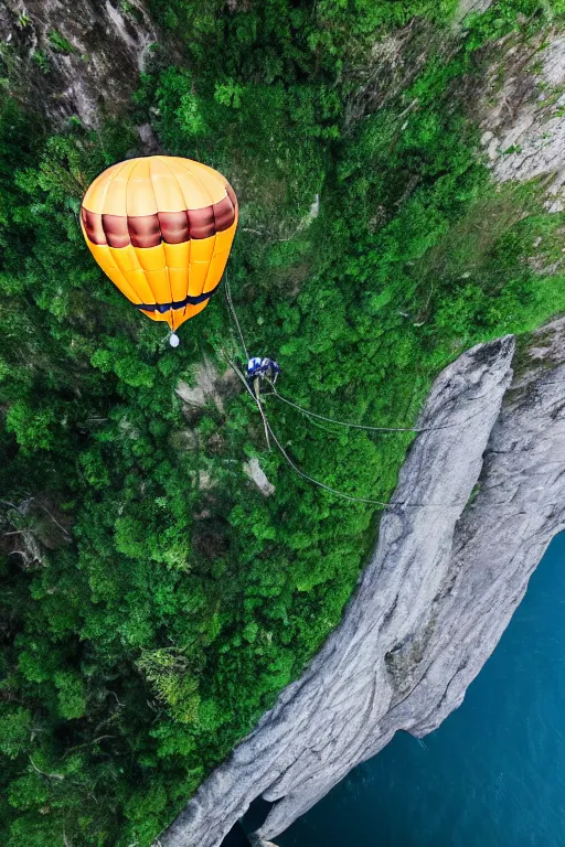 Image similar to cinematic hairy tiger attached to a large open balloon parachute jumping from a mountain cliff. photo captured by a drone. wide angles lens. epic