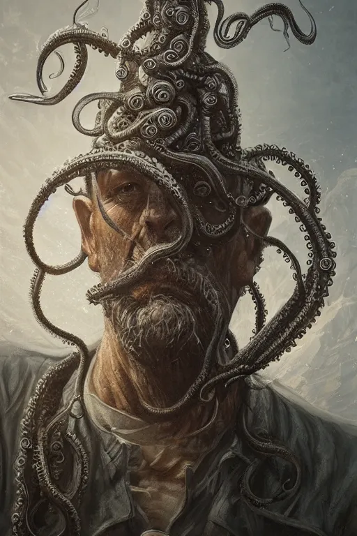 Prompt: portrait of an old fisherman with tentacles growing on him, eldritch, d & d, face, fantasy, intricate, elegant, highly detailed, digital painting, artstation, concept art, smooth, sharp focus, illustration, art by greg rutkowski