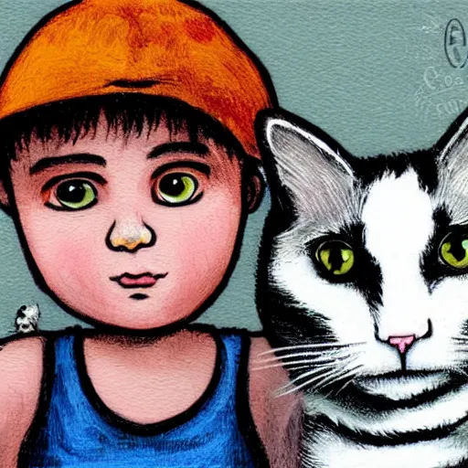 Image similar to a boy and a girl, the boy is bald with a brown baseball hat, the girl has short curly black hair, there is also a white cat, art by Carles Dalmau