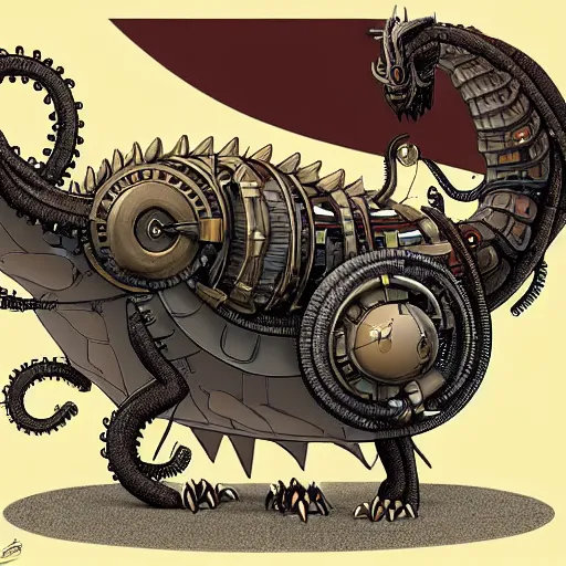 Image similar to a mechanical blueprint of a lovecraftian mechanized funny bull belly dragon, wide shot,, muted colors, post grunge, studio ghibli, hq, art by artgem