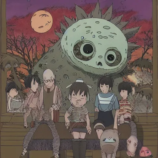 Image similar to monster lurking behind a happy family by studio ghibli, color, highly detailed, detailed, intricate, scary, horror, eerie, nightmares, dark, dramatic, 8 k