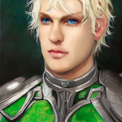 Prompt: oil painting of a beautiful platinum blond curly haired cleanshaven himbo with heterochromia, one blue eye one green eye, wearing heavy armor, d & d fantasy concept art