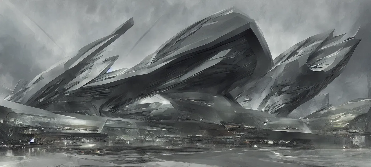 Prompt: ominous headquarters of an evil corporation, by zaha hadid, concept art by anders zorn