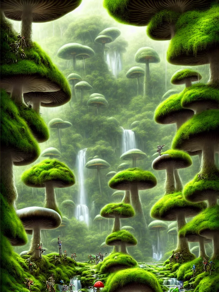 Prompt: future robot android primate in forrest of giant mushrooms, moss and flowers stone bridge waterfall. muted colors. by jean james mccarthy. by tim white. in the style of raffaello ossola. highly detailed. award winning. trending on artstation