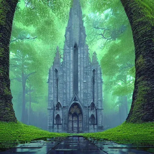 Image similar to concept art, cathedral in a rain forrest, moss, symmetry, octane, soft render, intricate, blender art, the golden ratio, mysticism, cinematic, hd wallpaper