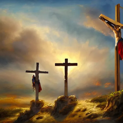 Image similar to painting of three 1st century empty crucifixion crosses on calvary hill, miraculous cloudy backdrop, by Tony Sart, ArtStation, Detailed, realistic