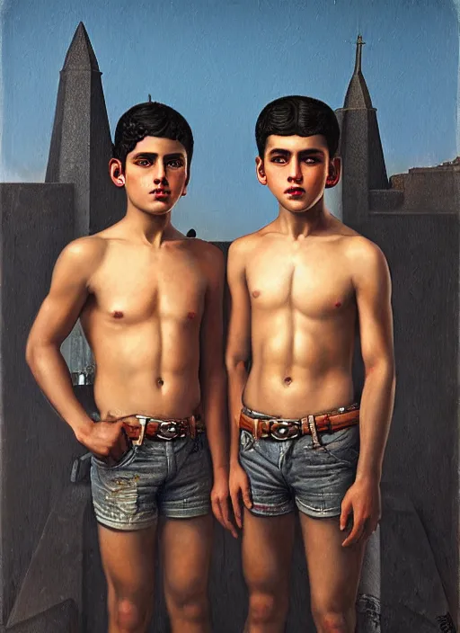 Prompt: portrait of macho young twin mexican buddies in guadalajara, by tom bagshaw and manuel sanjulian