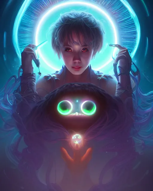 Image similar to one singular portrait of a cute bioluminescent creature with big glowing eyes, highly detailed, digital painting, cinematic, hyper realism, dark retrowave, art by Stanley Lau and Artgerm and magali villeneuve and Alphonse Mucha, artstation, octane render, cgsociety